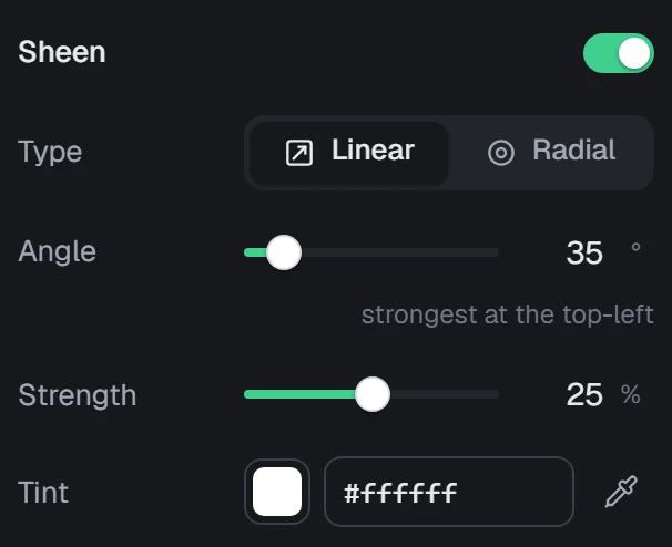 Sheen in the app, set to Linear, white, 25%