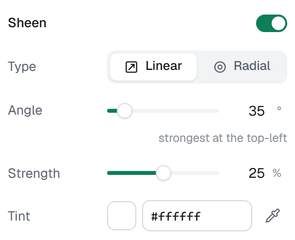 Sheen in the app, set to Linear, white, 25%