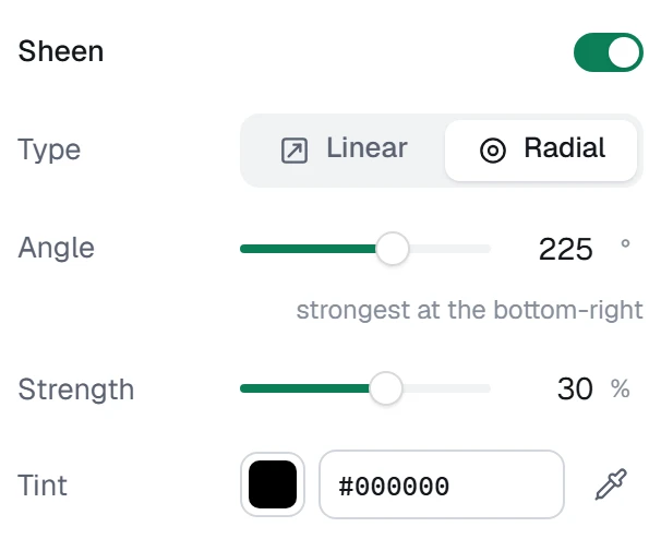 Sheen in the app, set to Radial, black, 30%