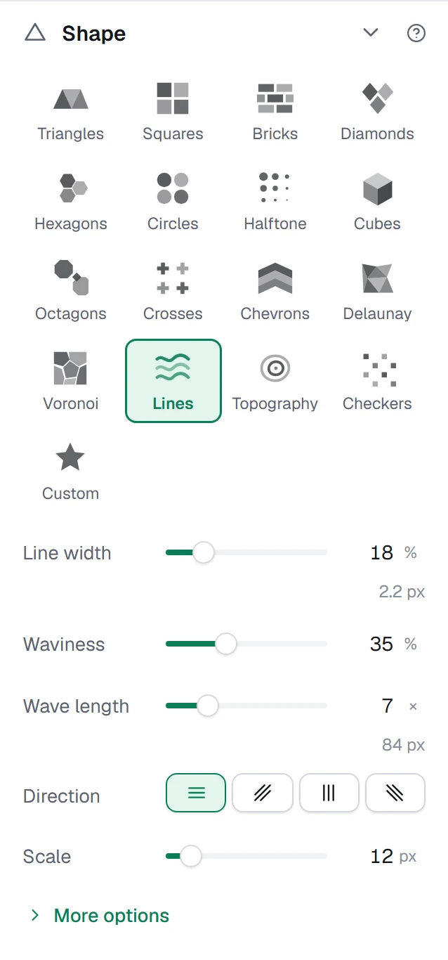 The Shape group with Lines picked: the texture settings sit under the shape picker