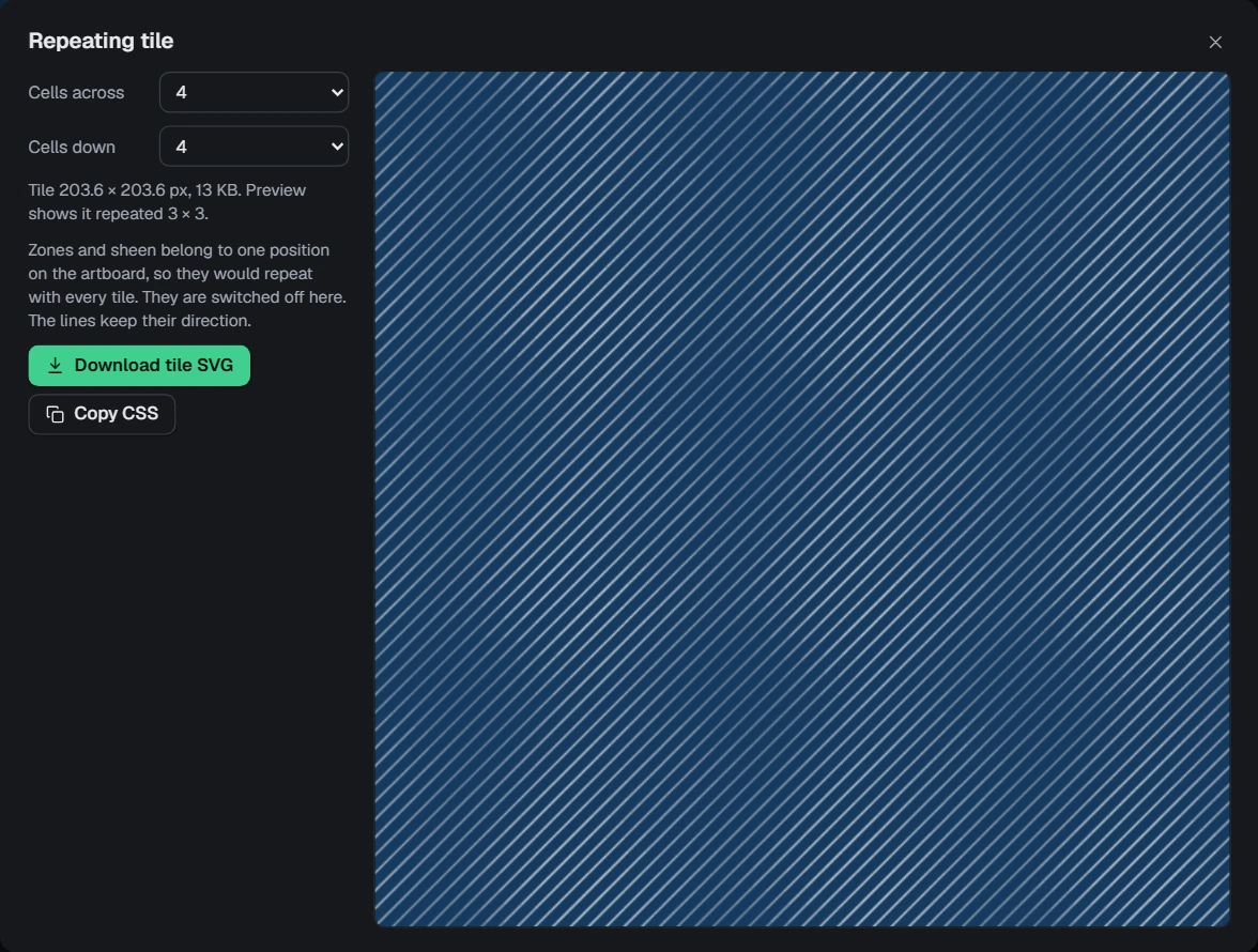 The Repeating tile dialog with diagonal lines: the tile keeps their direction and repeats without a seam