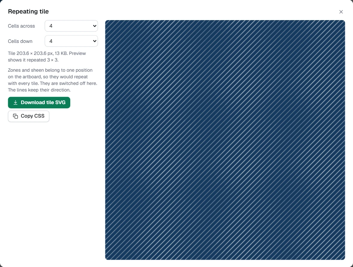 The Repeating tile dialog with diagonal lines: the tile keeps their direction and repeats without a seam