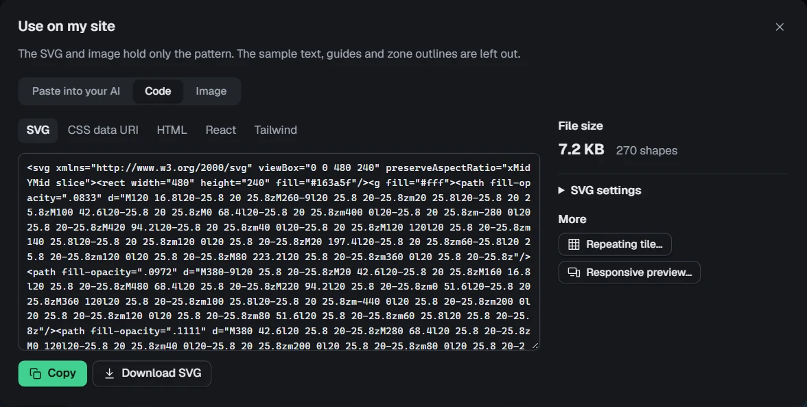 The Code tab: the formats along the top, and the file size, SVG settings and More on the right
