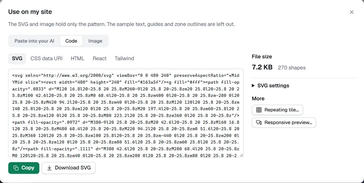 The Code tab: the formats along the top, and the file size, SVG settings and More on the right