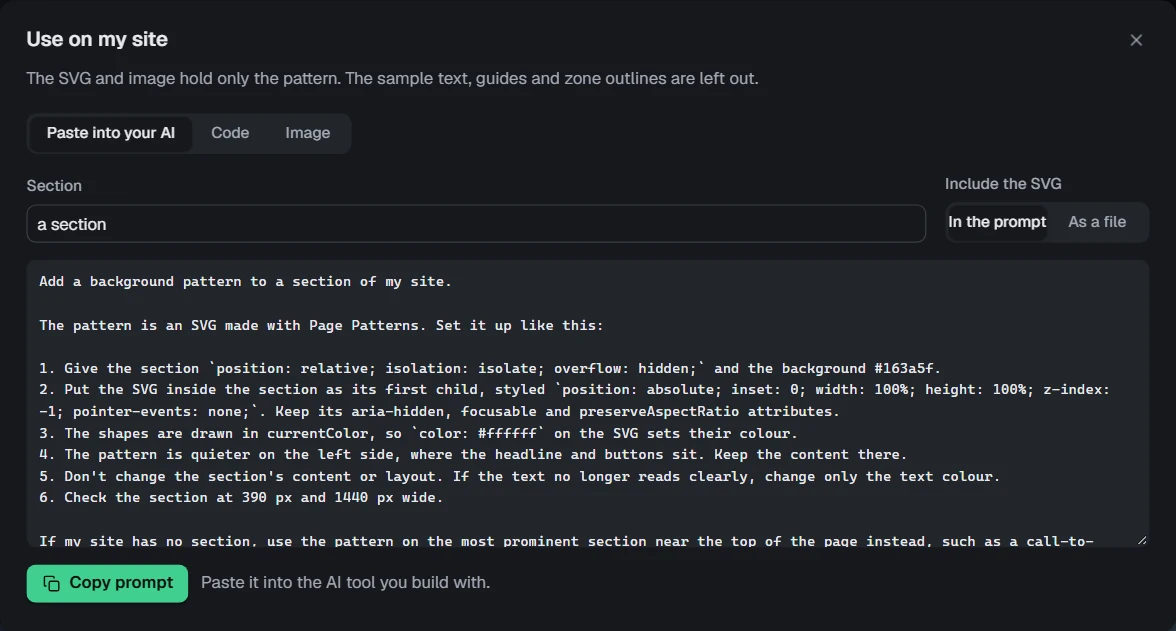 Use on my site opens on the prompt for your AI tool