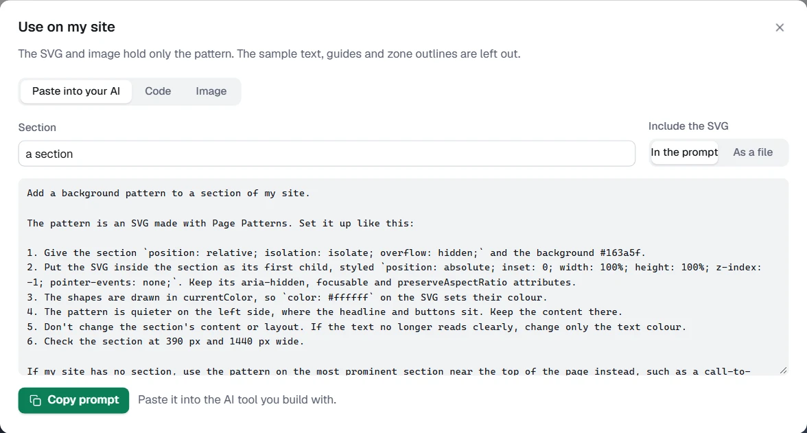 Use on my site opens on the prompt for your AI tool