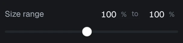 Size range in the app, set to 100% to 100%