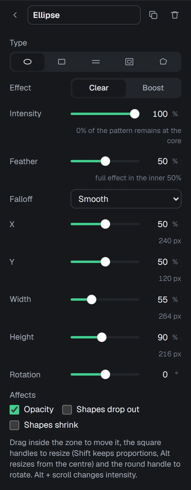 The zone inspector: it takes over Fine-tune while a zone is selected, and the arrow at the top goes back