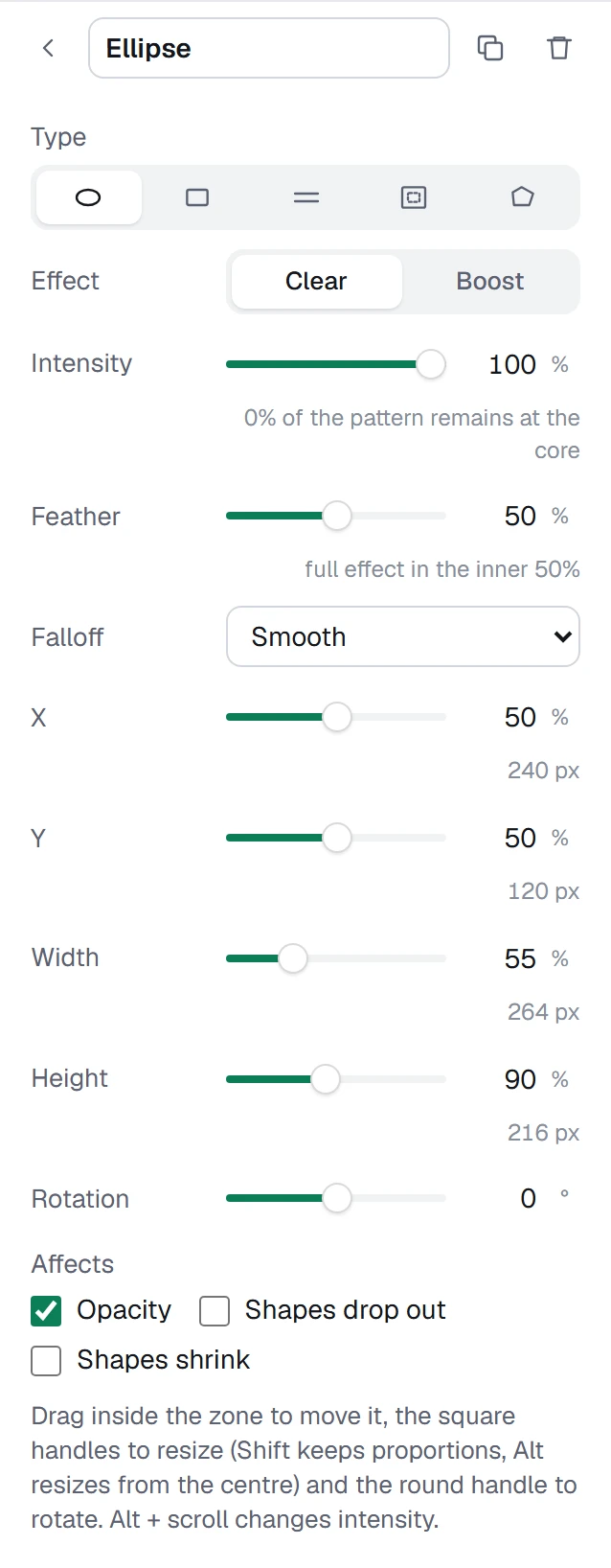 The zone inspector: it takes over Fine-tune while a zone is selected, and the arrow at the top goes back
